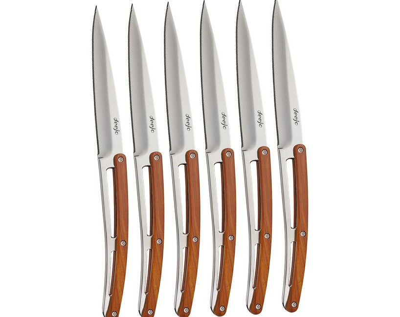 Deejo Set di 6 coltelli Tavolo in legno di corallo lucido con lama seghettata