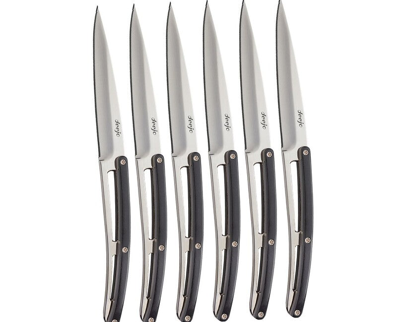 Deejo Tavolo Set di 6 coltelli in legno d'ebano lucido con lama seghettata