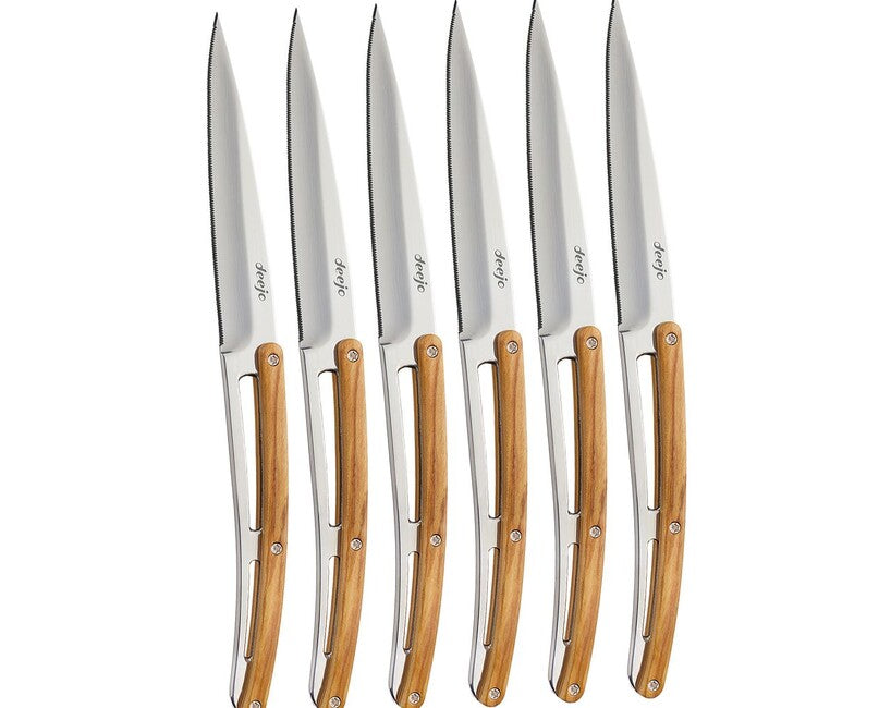 Deejo Tavolo set di 6 coltelli in legno d'ulivo lucido con dente.lama
