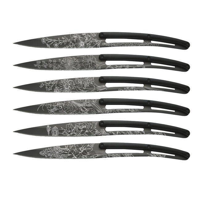 Deejo set di 6 coltelli da bistecca lama nera in titanio lama seghettata manico nero abs design Blossom