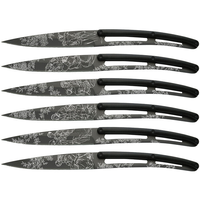 Deejo Set di 6 coltelli da bistecca lama nera in titanio lama seghettata manico nero in ABS design Toile de Jouy