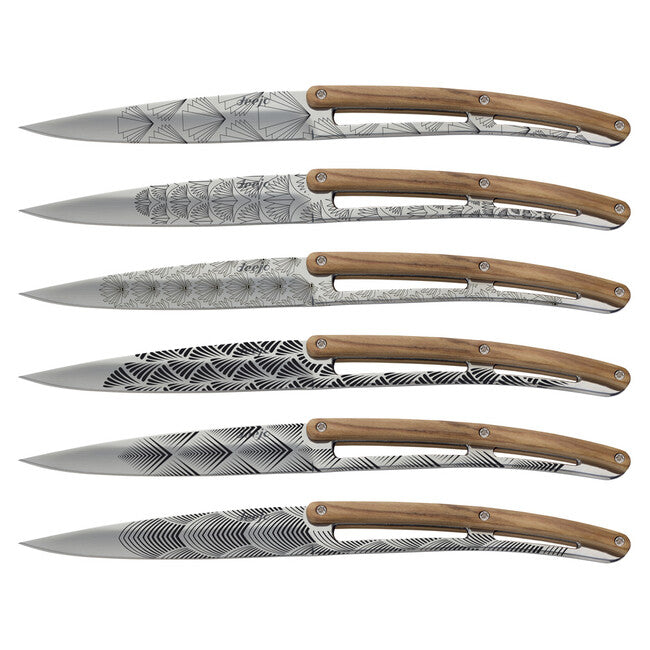 Deejo set di 6 coltelli da bistecca lama lucida legno d'ulivo design Art Déco