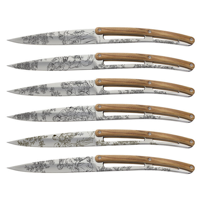 Deejo set di 6 coltelli da bistecca lama lucida legno d'ulivo design Toile de Jouy