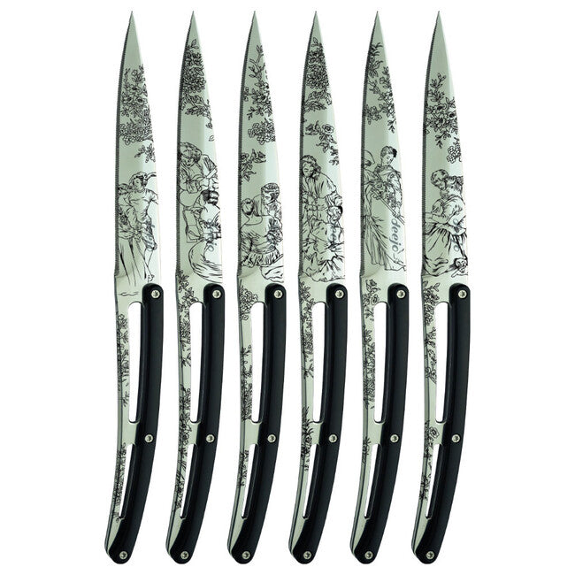 Deejo set di 6 coltelli da bistecca lama lucida bordo seghettato manico nero abs design Toile de Jouy