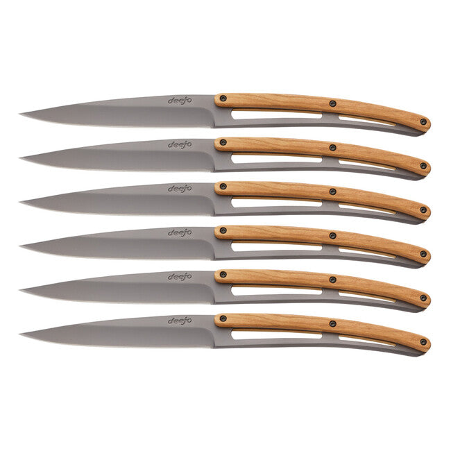 Deejo Set di 6 coltelli da bistecca con lama in titanio e superficie in legno d'ulivo