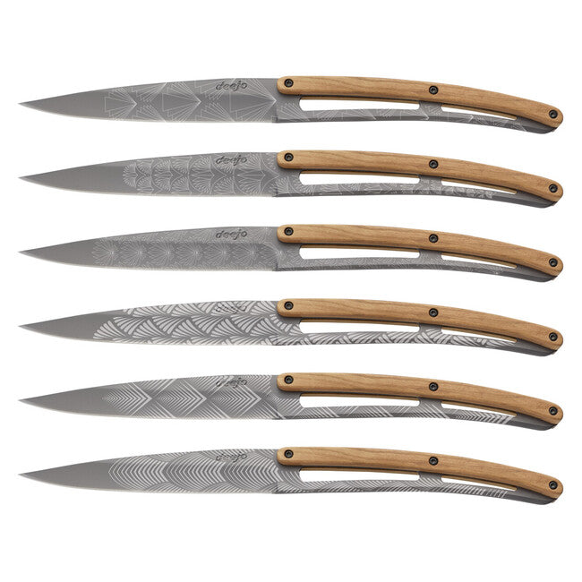 Deejo set di 6 coltelli da bistecca finitura titanio legno d'ulivo design art déco