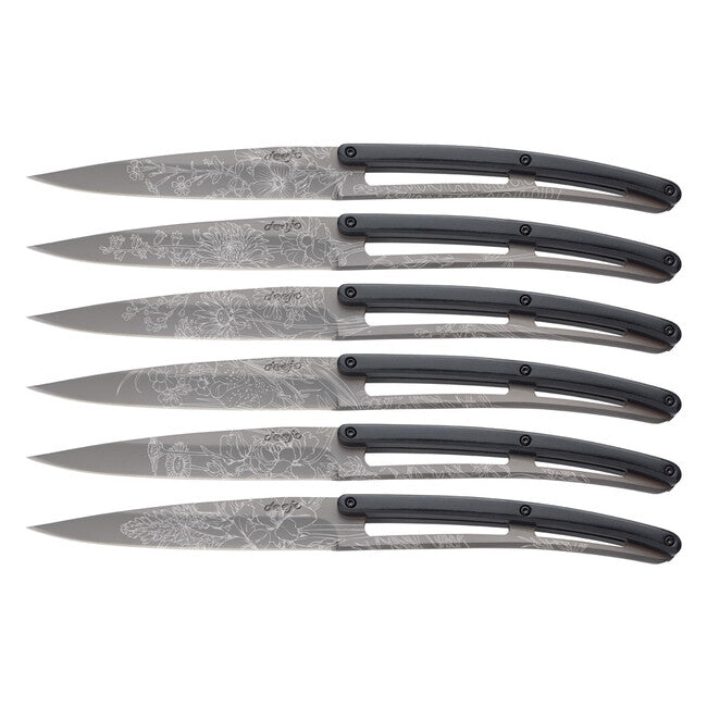 Deejo set di 6 coltelli da bistecca superficie in titanio design paperstone Blossom