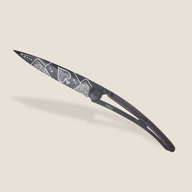 Deejo coltello chiusura nero tatuaggio biker legno ebano buona fortuna
