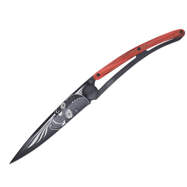 Deejo Latino teschio chiusura coltello nero tatuaggio biker rosso faggio