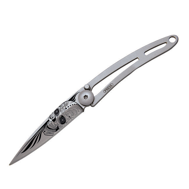 Deejo Latino Skull chiusura coltello nudo biker tatuaggio