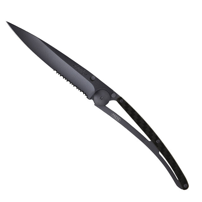 Deejo Coltello di chiusura seghettato, nero carbonio