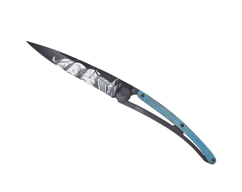 Deejo Tattoo coltello di chiusura, nero faggio blu corsaro