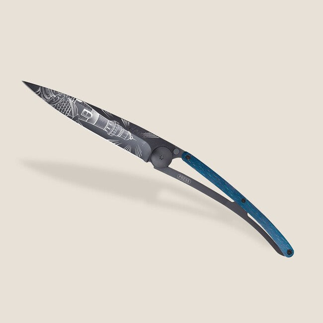 Deejo Tattoo Coltello pieghevole, faro nero blu faggio