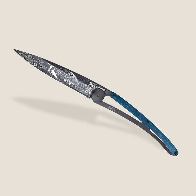 Deejo Tattoo coltello pieghevole, nero faggio blu Van Life