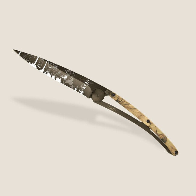 Deejo Tattoo coltello di chiusura , nero marrone camo Huntig Day