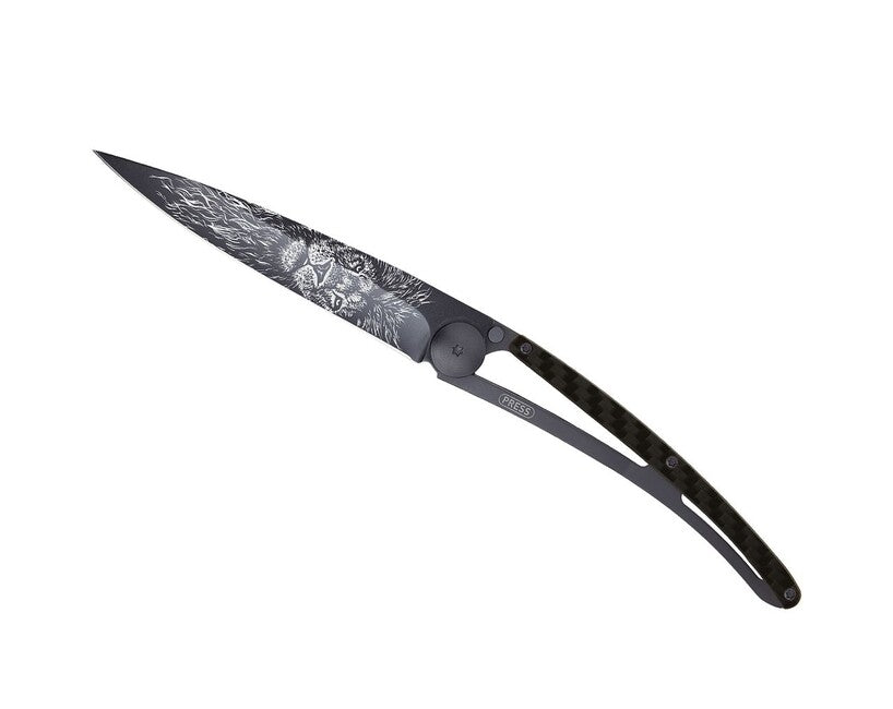 Deejo Tattoo Coltello di chiusura Nero carbonio Lion