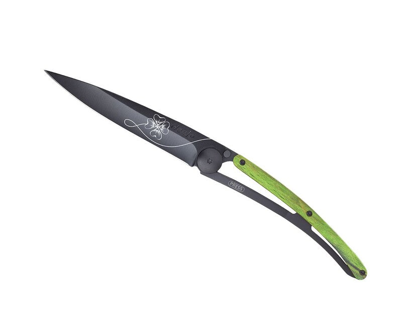 Deejo Tattoo coltello pieghevole Nero faggio verde Lucky Charm