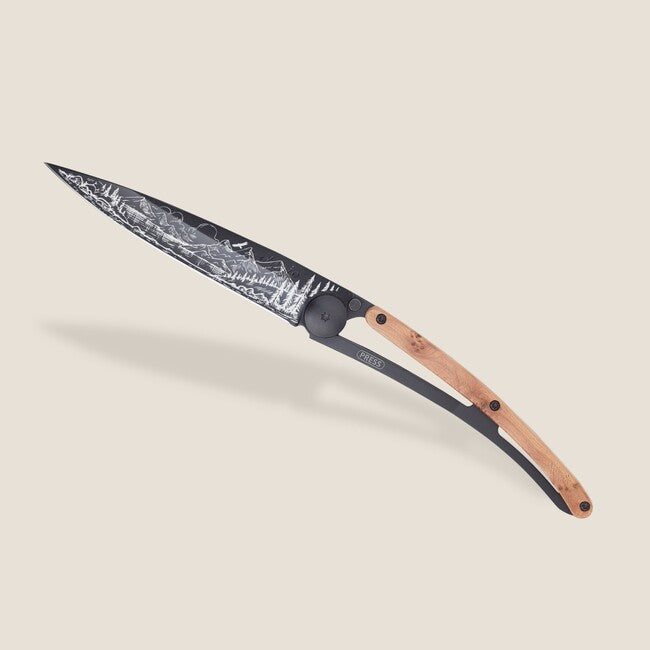 Deejo Tattoo coltello di chiusura legno di ginepro nero montagna