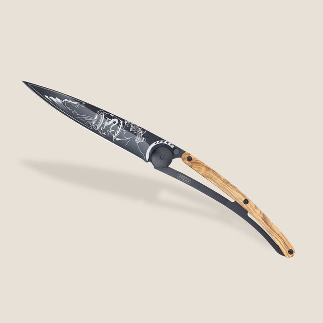 Deejo Tattoo coltello di chiusura Legno d'ulivo nero, acquario