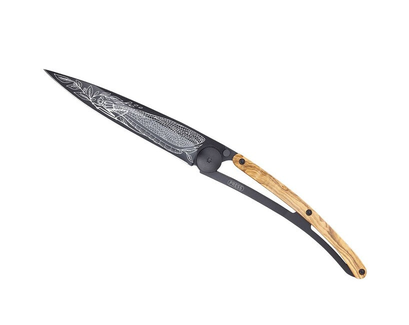 Deejo Tattoo Coltello di chiusura Legno di ulivo nero Libellula