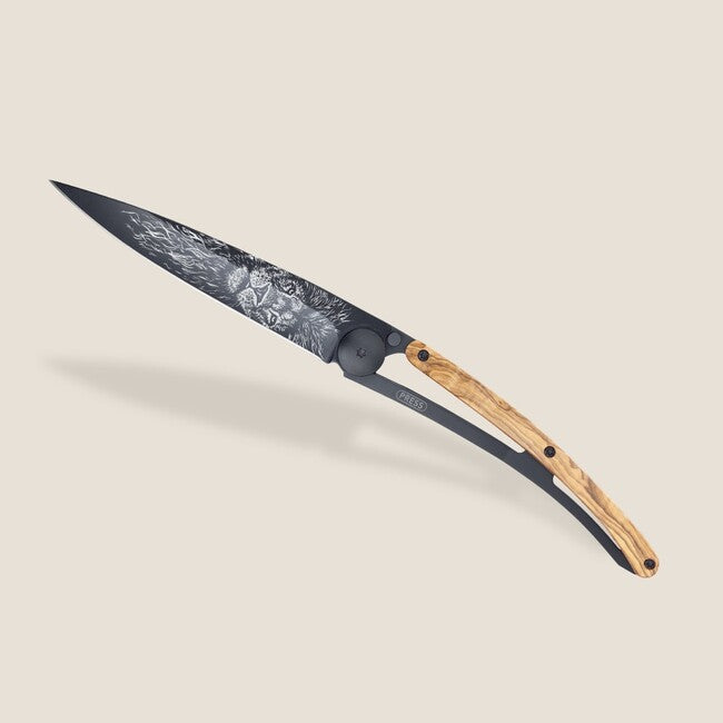Deejo Tattoo Coltello di chiusura Legno di oliva nero Leo
