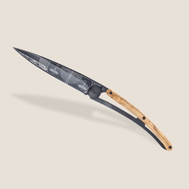 Deejo Tattoo coltello di chiusura in legno d'ulivo nero Libra