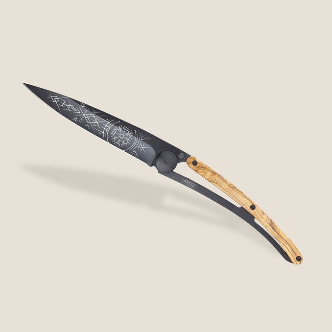 Deejo Tattoo coltello da chiusura legno d'oliva nero vichingo vegvisir