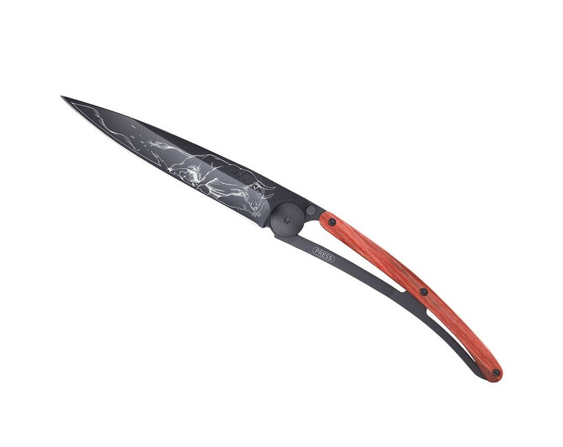 Deejo Tattoo coltello da chiusura, nero faggio rosso toro