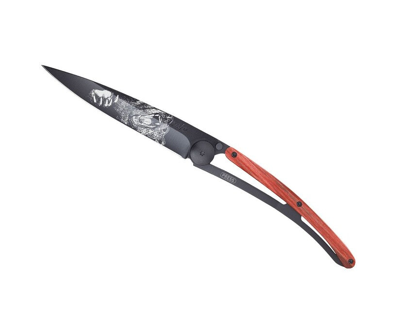 Deejo Tattoo coltello pieghevole, nero faggio rosso grizzly