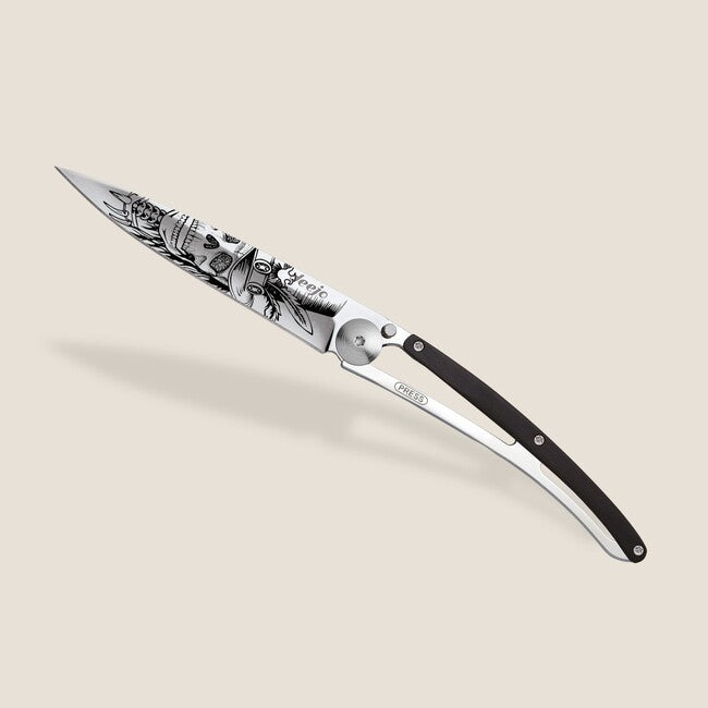 Deejo Tattoo coltello di chiusura Specchio in legno d'ebano Dandy Skull