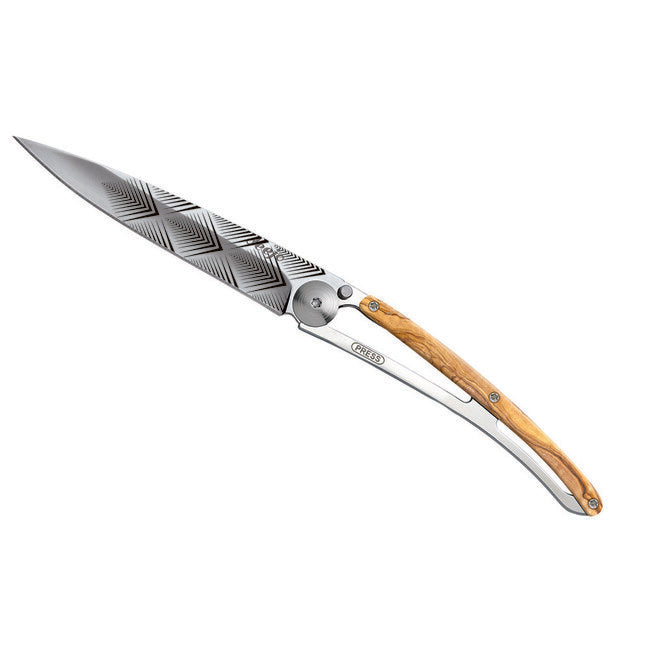 Deejo Tattoo Coltello di chiusura Specchio in legno d'ulivo Art Déco