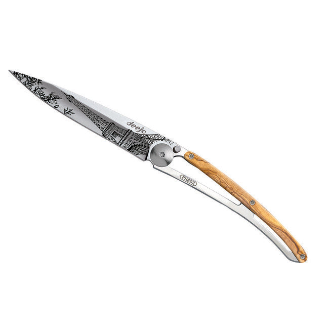 Deejo Tattoo coltello di chiusura Specchio in legno d'ulivo Torre Eiffel