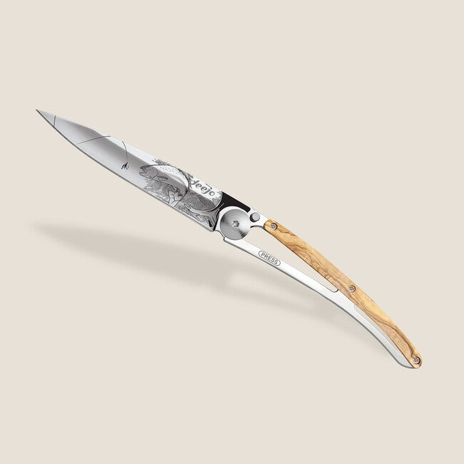 Deejo Tattoo coltello chiusura Specchio legno d'ulivo Trota
