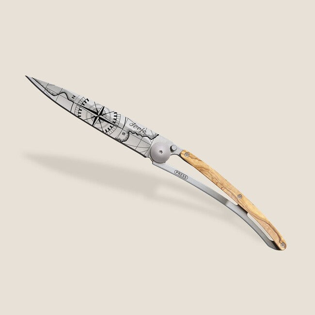 Deejo Tattoo coltello da chiusura in legno d'ulivo Terra incognita