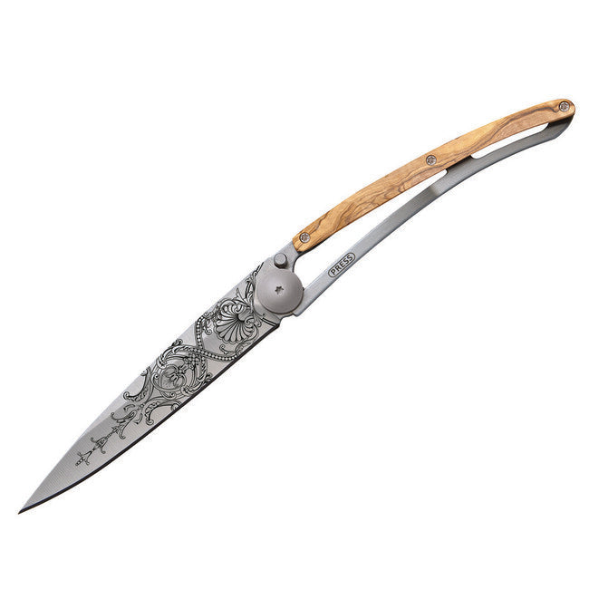 Deejo Tattoo coltello di chiusura in legno d'ulivo Versailles