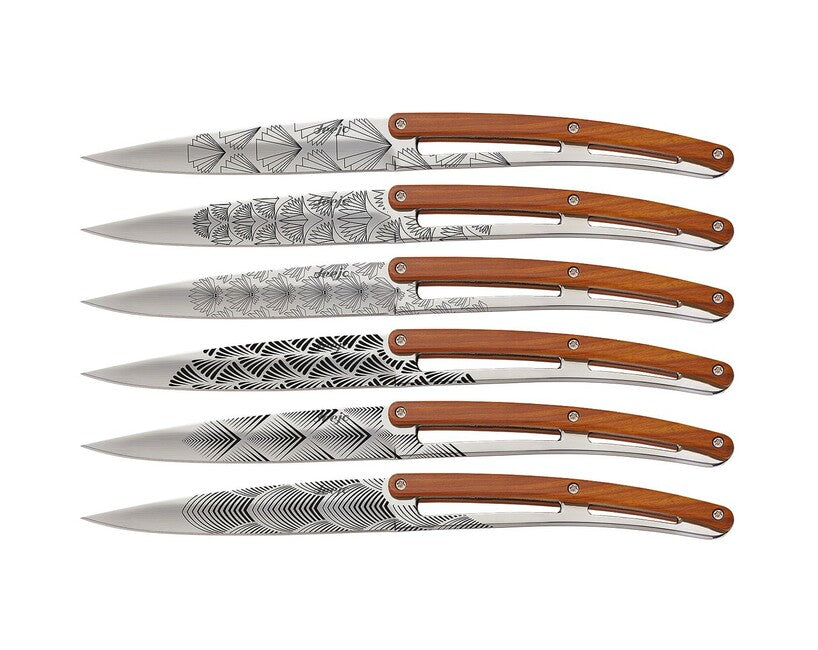 Deejo Tattoo set di 6 coltelli da bistecca superficie lucida legno di corallo design Art Déco