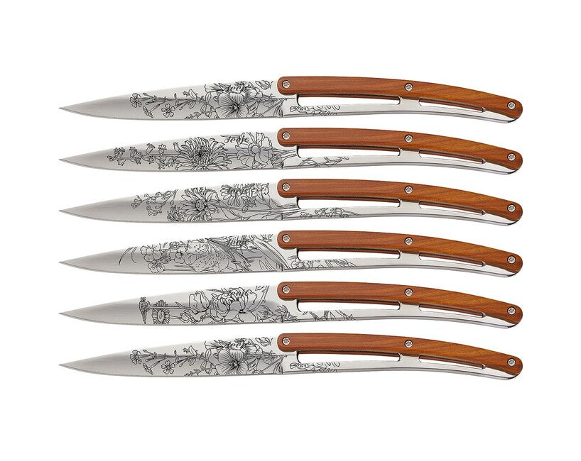 Deejo Tattoo set di 6 coltelli da bistecca superficie lucida, corallo design Blossom