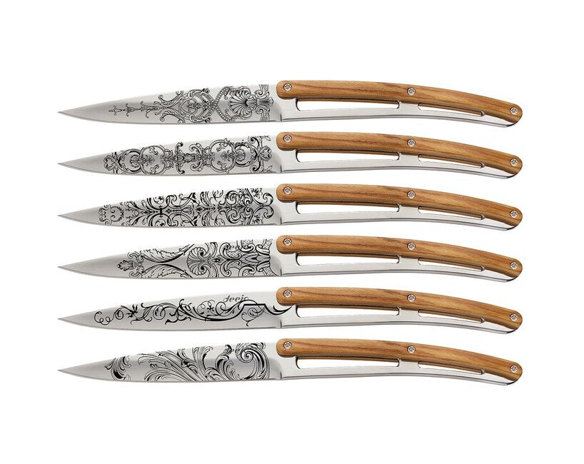 Deejo Tattoo set di 6 coltelli da bistecca finitura lucida legno d'oliva Grand Siecle