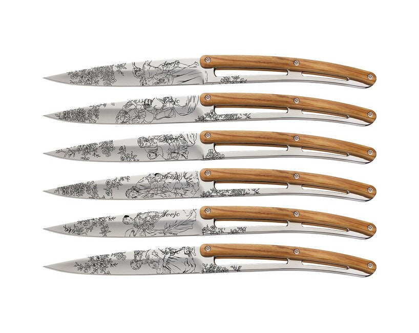 Deejo Tattoo set di 6 coltelli da bistecca finitura lucida legno d'oliva Toile de Jouy