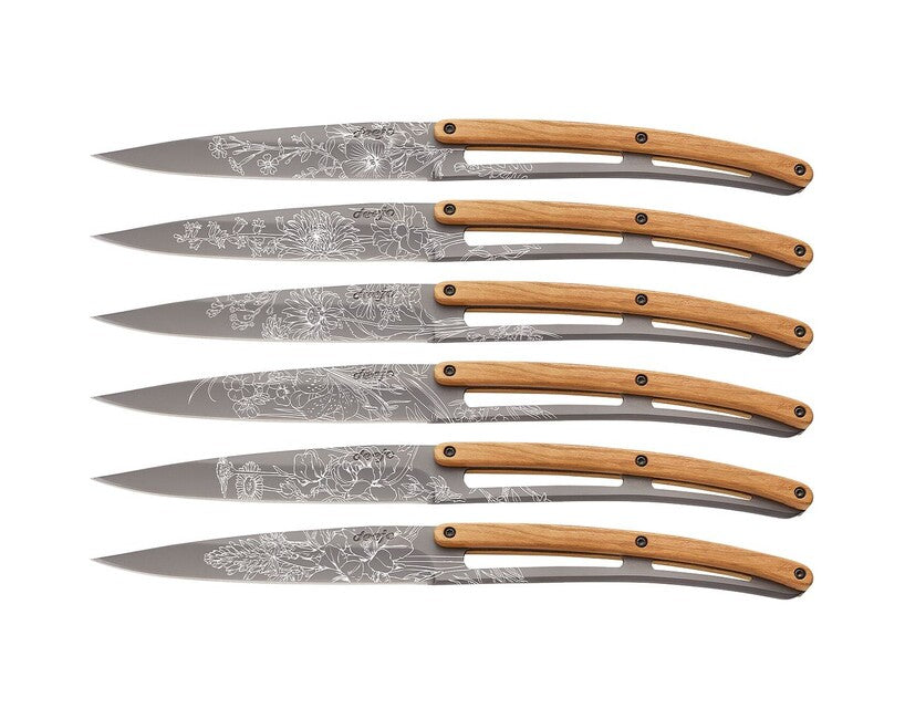 Deejo Tattoo set di 6 coltelli da bistecca, grigio titanio legno d'oliva Blossom