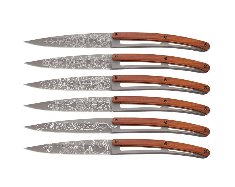 Deejo Tattoo set di coltelli da bistecca, in legno di corallo grigio chiaro Grand Siecle