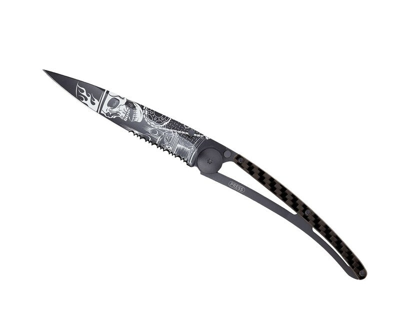 Deejo Tattoo Serration coltello pieghevole carbon Ride or Die