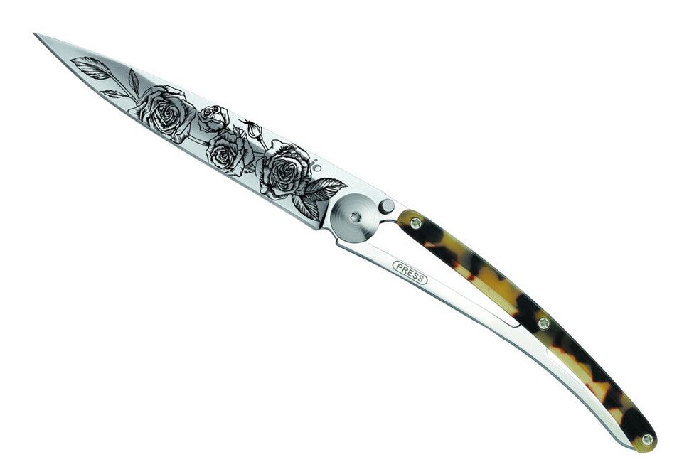 Deejo Tattoo coltello di chiusura specchio tartaruga scuro Rose