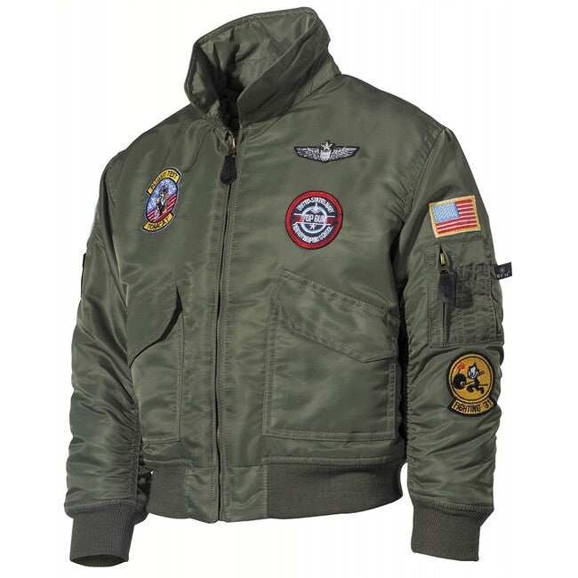 MFH Giacca da pilota CWU per bambini American con toppe, verde OD