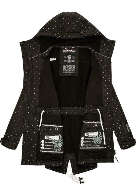 Marikoo ZIMTZICKE giacca invernale softshell da donna con cappuccio, nera a pois