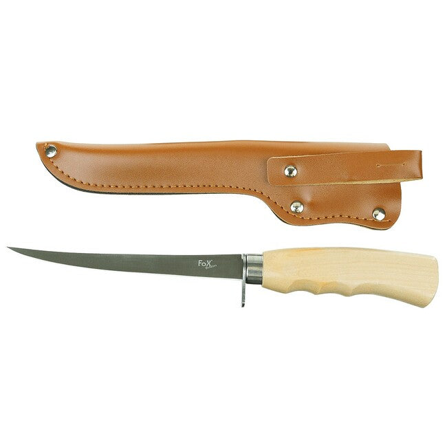 Fox Outdoor Classic coltello per sfilettare, manico in legno di betulla, con fodero