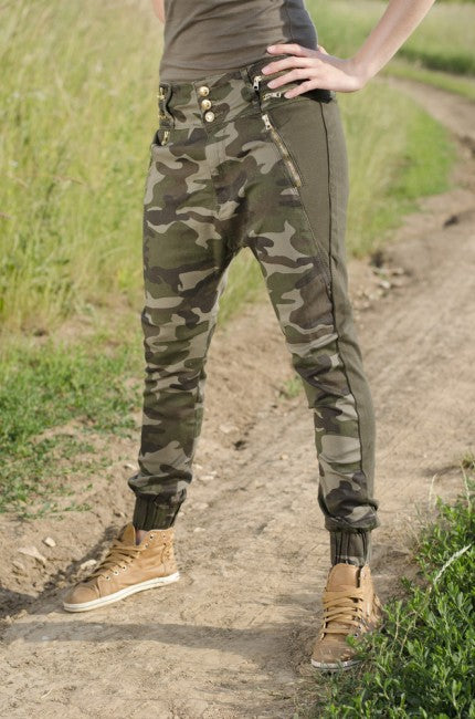 O&T Garment denim pantaloni da donna a vita bassa, woodland