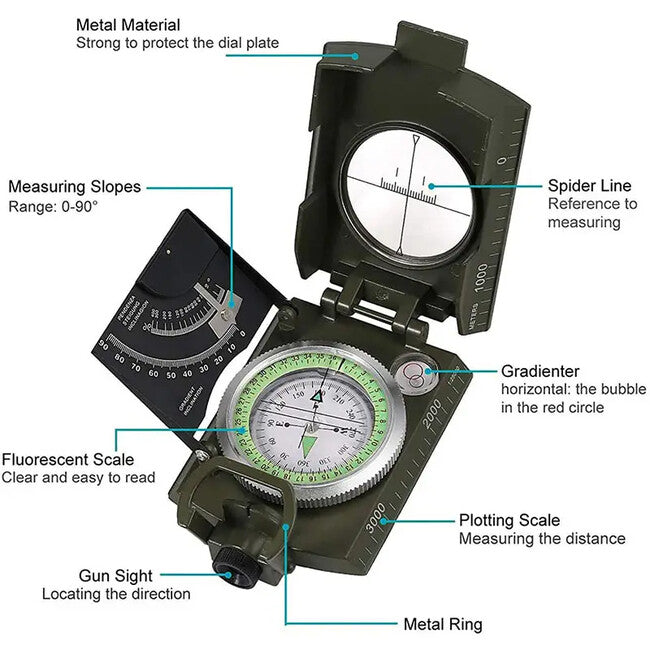 DRAGOWA Tactical Bussola impermeabile pieghevole in metallo con custodia Wally, verde