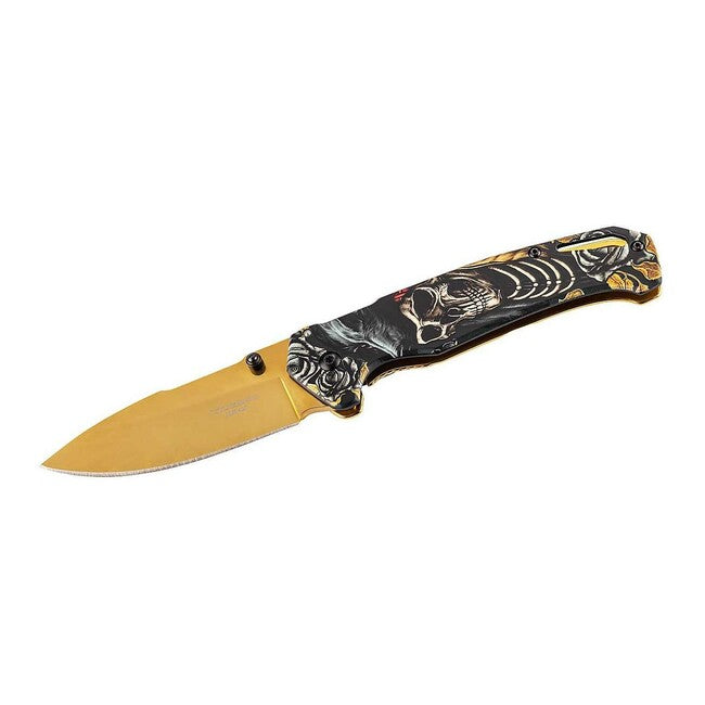 Herbertz fantasia a una mano coltello 8,4 cm, oro, motivo scheletro