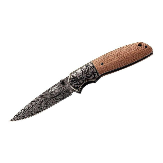 Herbertz Coltello a una mano 10 cm, legno di noce, motivo decorativo in rilievo